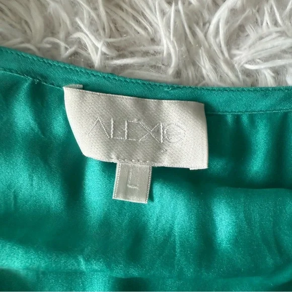 Alexis Teal Blue 100% Silk Long Sleeve Midi Dress with Beaded Sash Belt Size L - Picture 7 of 12